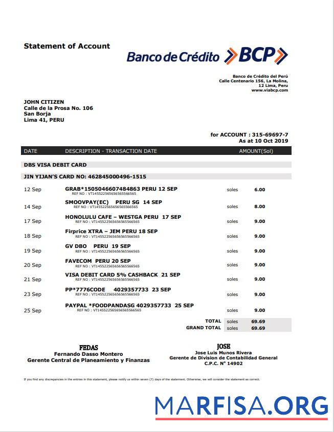 Blank Peru Banco de Credito del Peru (BCP) bank statement word real example